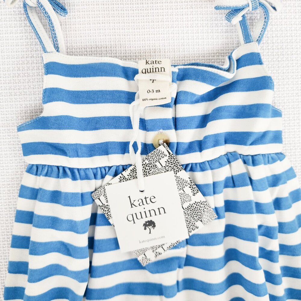 Kate Quinn Gathered Smock Tie Jumpsuit Mediterranean Stripe 0-3 Months Organic - Picture 8 of 10